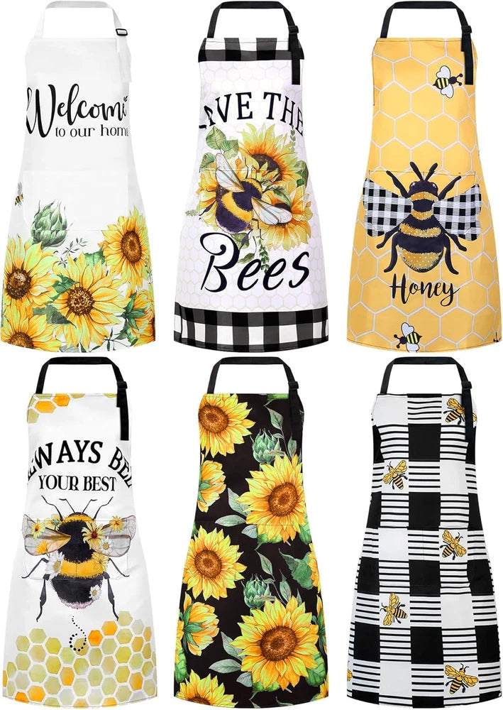 6 Pcs Spring Kitchen Aprons with Pockets Flower Rooster Bee Butterfly Sunflower Sunflower