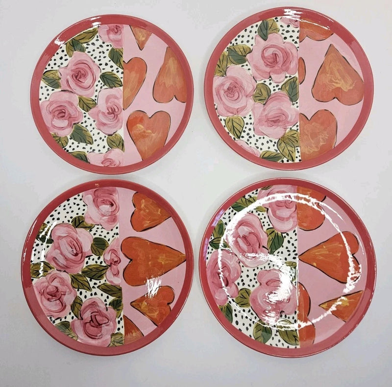 Set of 4 round dessert plates with painted pink roses and gold hearts