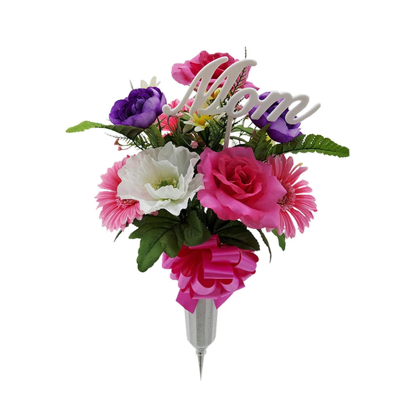 21in Outdoor Artificial Flowers in Vase W/ "Mom" Sign Gerbera Mix W/ Ranunculus Ranunculus