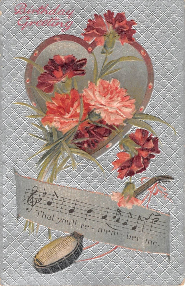 Pretty Carnations, a Music Staff, & Banjo-1910 Postcard-That You'll Remember Me Carnation