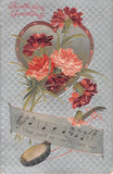 Pretty Carnations, a Music Staff, & Banjo-1910 Postcard-That You'll Remember Me Carnation