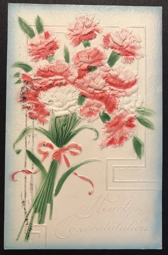 Vintage greeting postcard with pink carnation bouquet and 'Congratulations' text