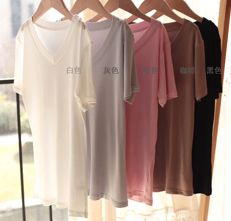 Women’s silk V-neck short sleeve undershirts, solid colors: white, gray, pink, brown, black