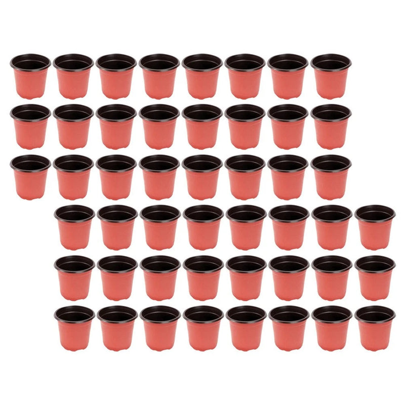 Nursery plant pots set of 120: red plastic containers with black rims
