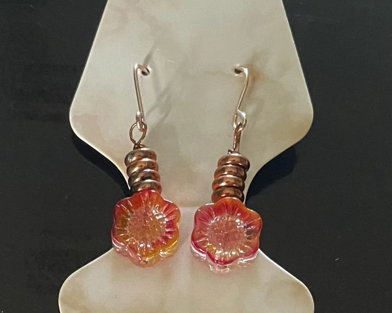 Sunflower drop dangle earrings with red glass flower and copper-toned metal loops