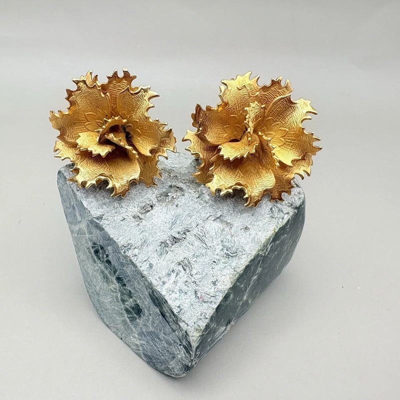 Vintage Giovanni Carnation Flower Rolled Gold Earrings Retro Costume Jewelry 60s Carnation