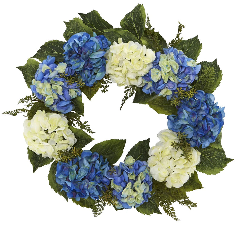 24Ó Hydrangea Wreath Nearly Natural Blue White Lush Green Vibrant Home Decor Hydrangea