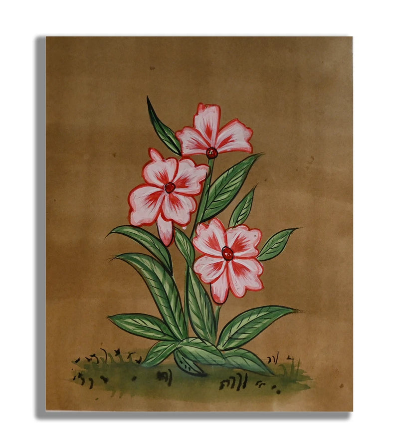 Pink and white lily flower miniature floral painting on tan board