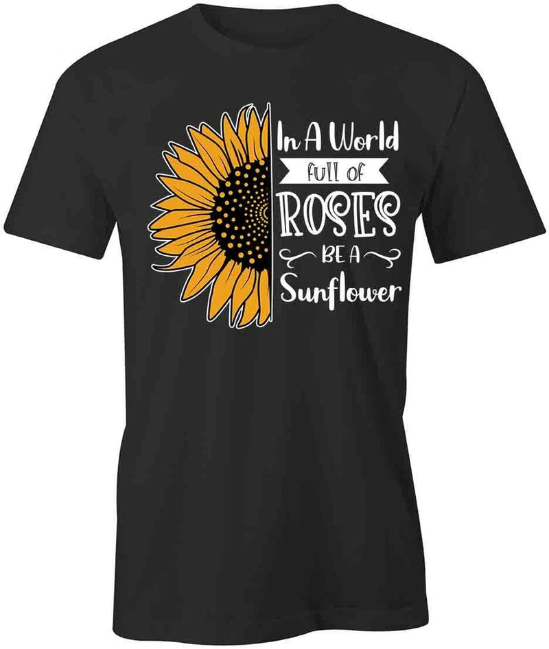 Black cotton T-shirt with sunflower graphic and 'Roses' text on chest.