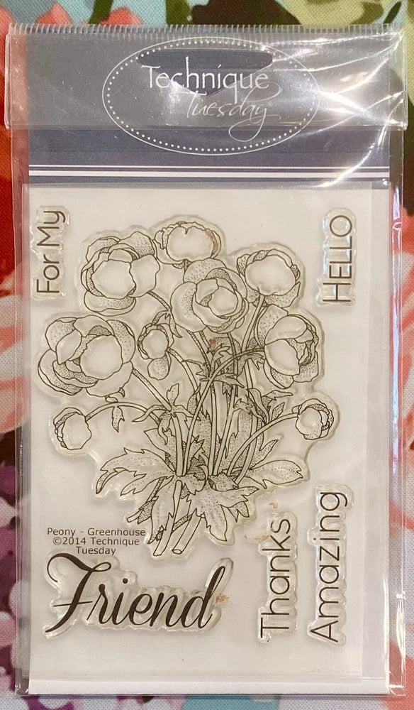 Technique Tuesday peony flower bouquet stamp set with floral line art and greetings text