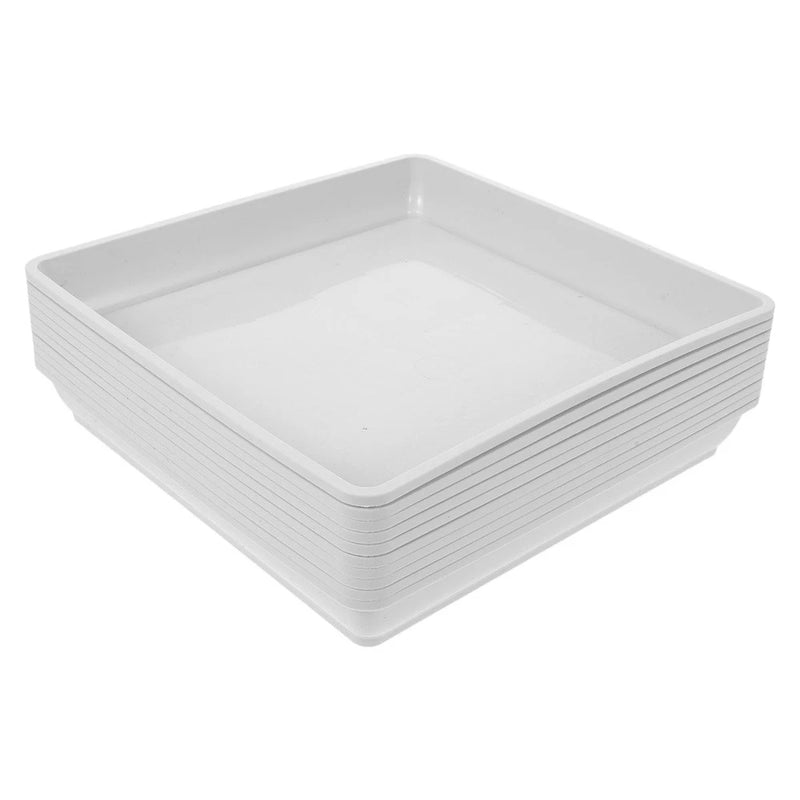 Square white plastic plant saucer drip tray with shallow basin and raised edges