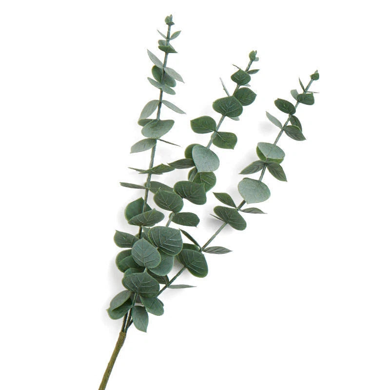 Weatherproof green flocked vinyl eucalyptus leaf spray on slender stem
