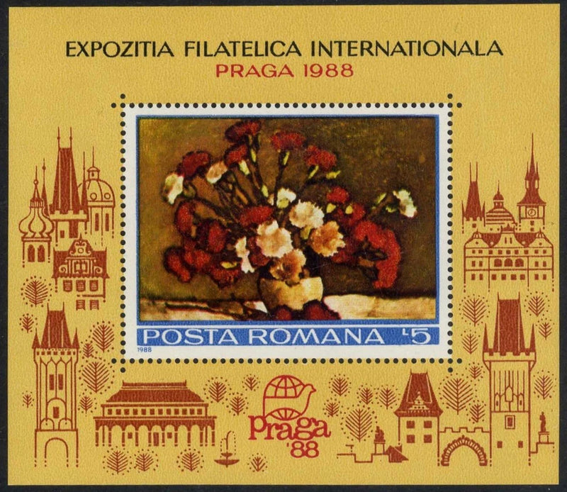 Romania 1988 Flowers, Carnations, Luchian, PRAGA EXPO, Architecture block B Carnation