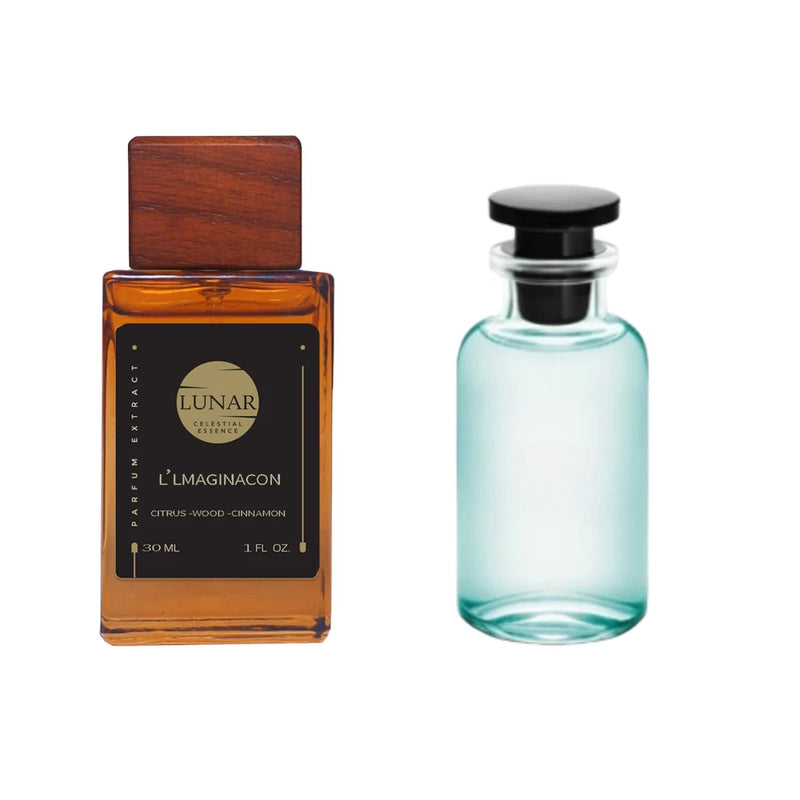 Men's eau de parfum bottles: amber glass with wooden cap and clear glass with black cap
