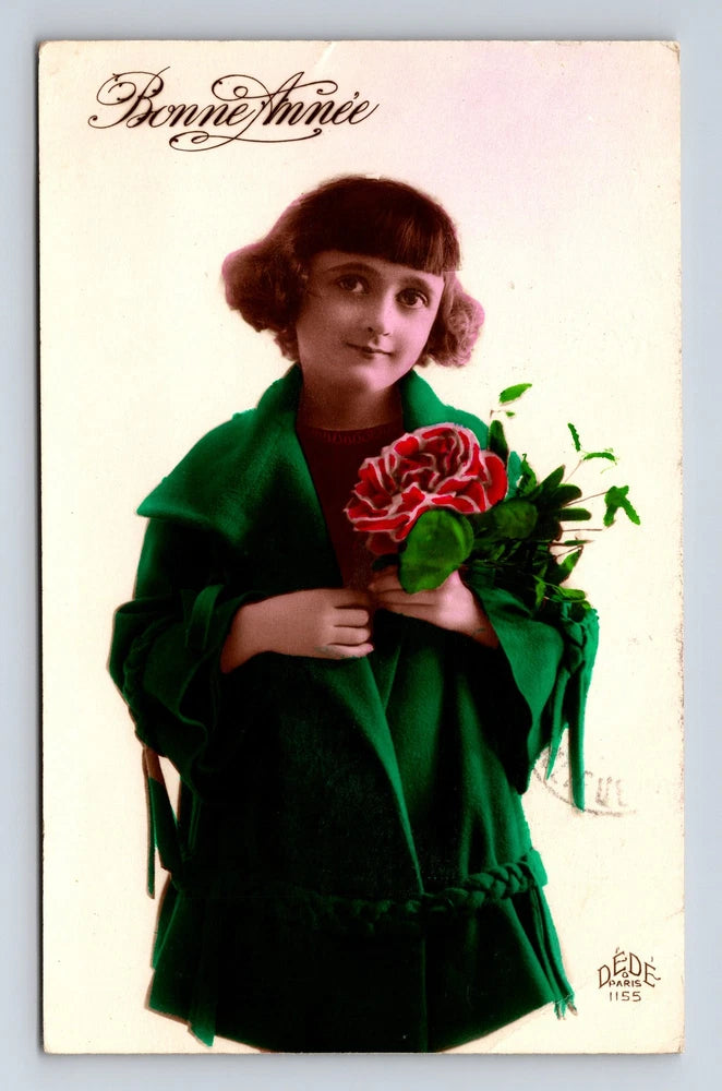 RPPC Young French Girl Bouquet Carnation Flower Hand Colored Dede Paris Postcard Carnation