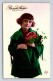 RPPC Young French Girl Bouquet Carnation Flower Hand Colored Dede Paris Postcard Carnation
