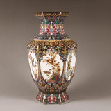 9.6" China Qing Porcelain Colour Enamels Bird Tree Peony Flower Six Sides Vase Peony