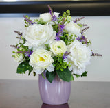 Silk White Roses, White Ranunculus and Lavender Wildflowers in a Lavender Bowl Hydrangea