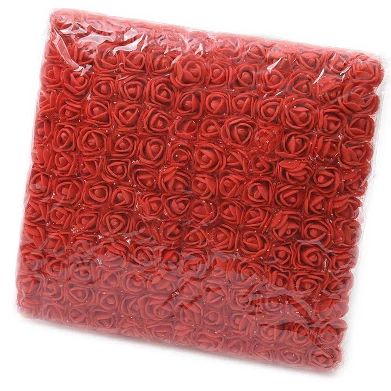 Red mini foam rose heads, 2 cm craft flowers in a clear plastic bag