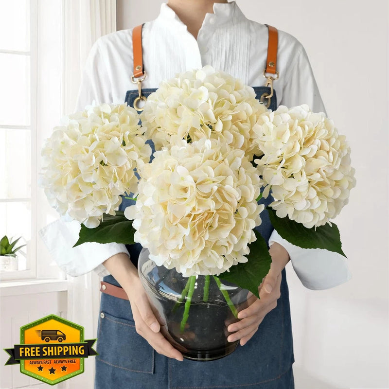JINWOE 4pk 22" Cream/Yellow Silk Hydrangea Flowers, Artificial Bouquet Decor Hydrangea