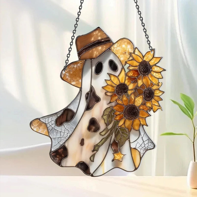Acrylic ghost window hanging with sunflower bouquet and hanging chain, fall decor