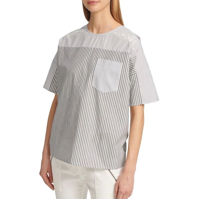Women's short-sleeve embroidered striped blouse with chest pocket, light gray and white