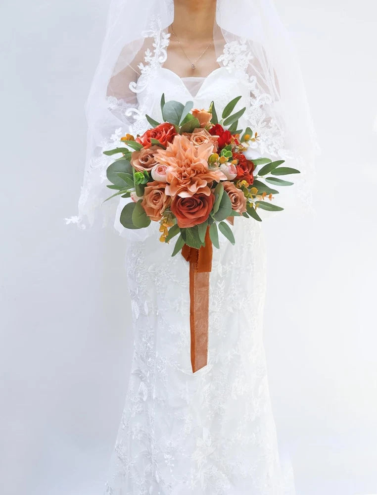 Rustic Burnt Orange Wedding Bouquet - Artificial Terracotta Flowers for Bride Bouquet