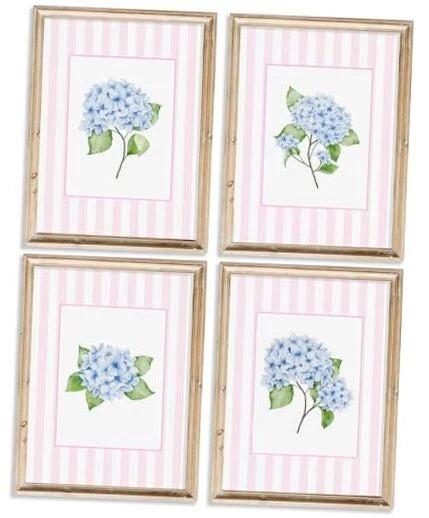 Blue Hydrangea Wall Art Pink Striped Rustic Farmhouse Floral Pictures Wall Hydrangea