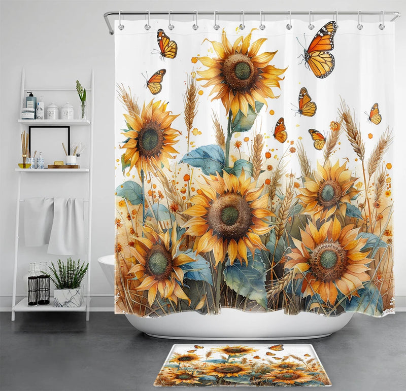 Yellow Sunflower and Butterfly on White Shower CurtainÊBathroomÊAccessoriesÊSet Sunflower
