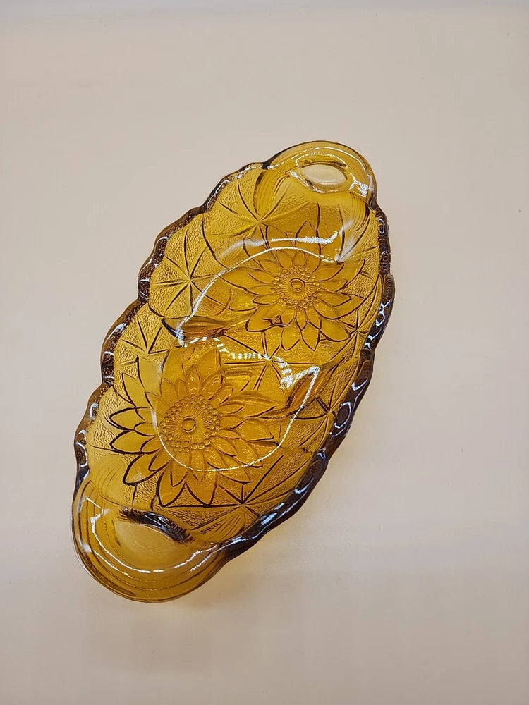 Vintage Embossed Amber Glass Sunflower Flower Oval Relish Dish Plate Candy Bowl Sunflower