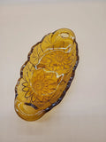 Vintage Embossed Amber Glass Sunflower Flower Oval Relish Dish Plate Candy Bowl Sunflower