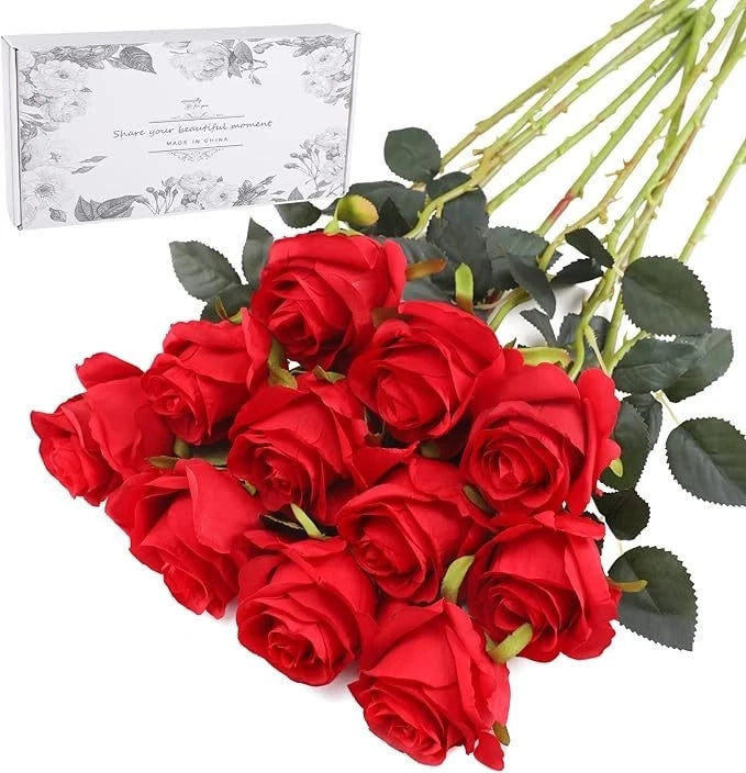 Red Fake Roses Artificial Flowers - 10 Pcs Bouquet