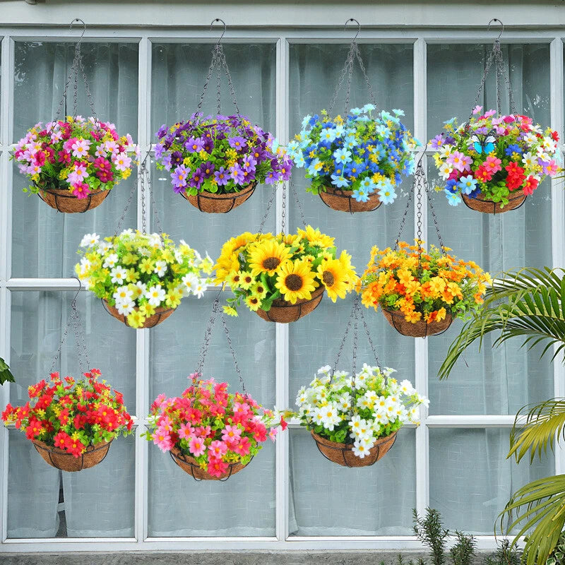 Artificial flower hanging basket set with round woven-style pots and chain hangers