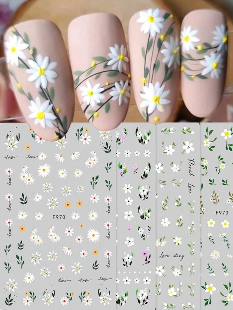 Nail Art Stickers Decals Spring Summer Flowers Floral Daisy Fern Leaf Daisies