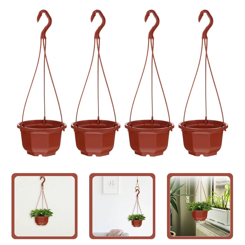 Set of 4 small plastic hanging planters with terracotta pots and rope hooks