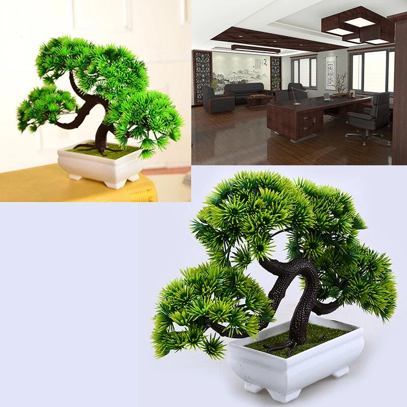 Artificial pine bonsai tree ornament with dense green foliage in a white square pot
