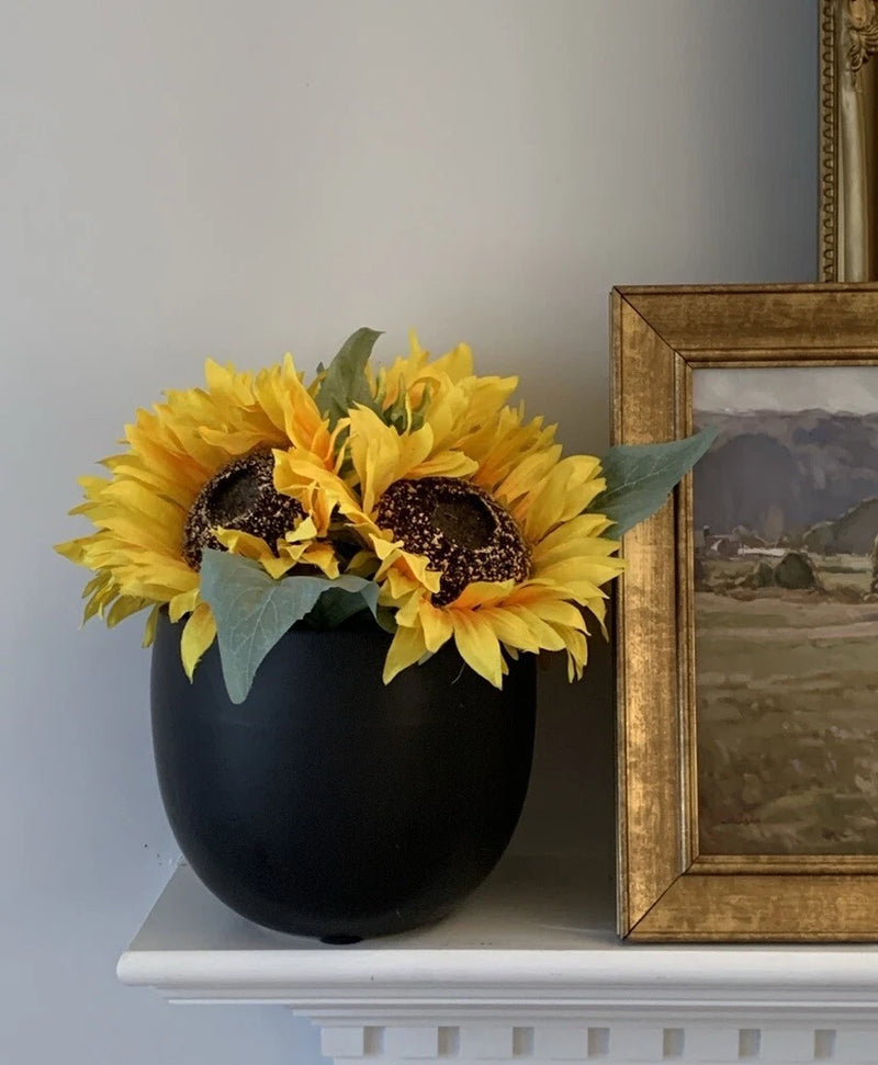 Sunflowers arrangement black large vase home decor fall ceramic pot traditional Sunflower