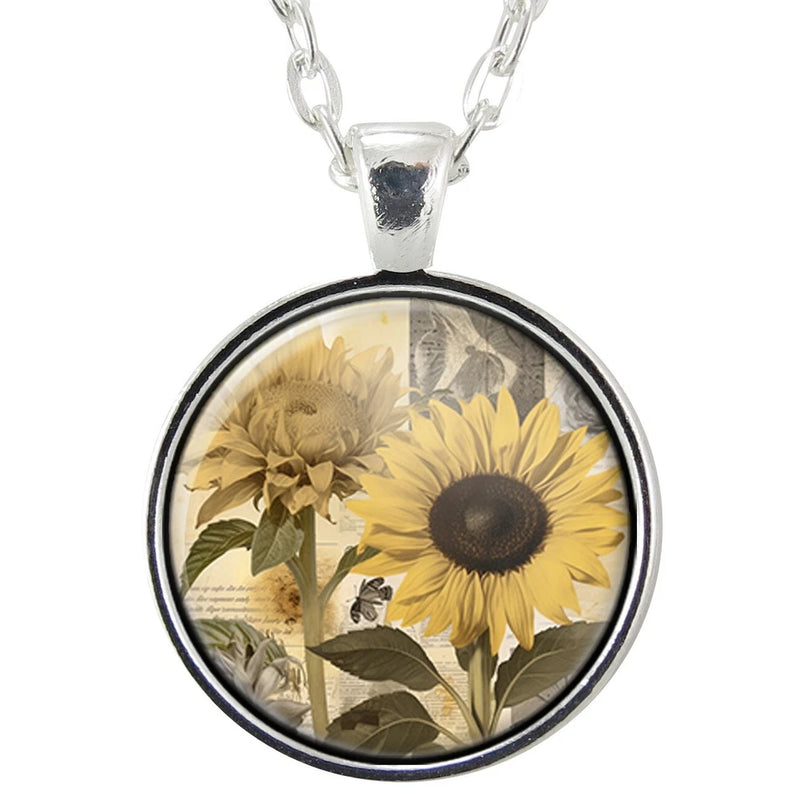 Sunflower pendant necklace, round glass pendant with yellow flowers and silver chain
