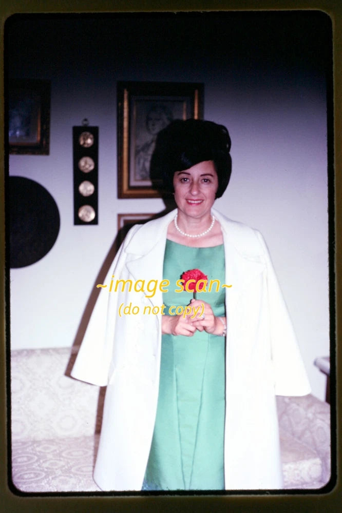 Woman wearing Pearl Necklace with Carnation Flower in 1967, Film Slide aa 29-10b Carnation