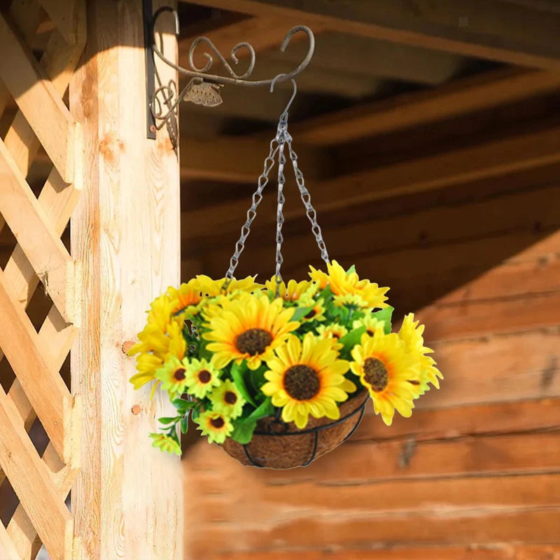 Artificial sunflower hanging basket flowerpot with faux blooms and green leaves