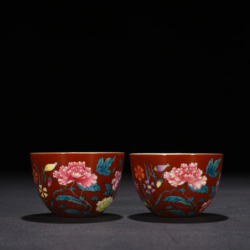 2.7"Old Retro Qing Yongzheng Mark Porcelain Famille Rose Peony Flower Plants Cup Peony