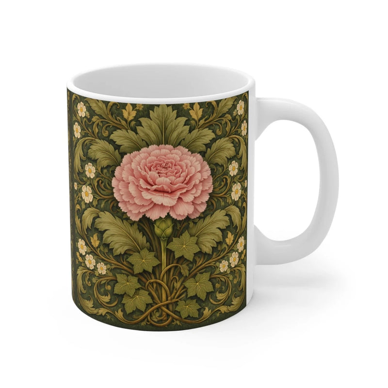 Floral ornamental ceramic mug with pink carnation and green leaf pattern