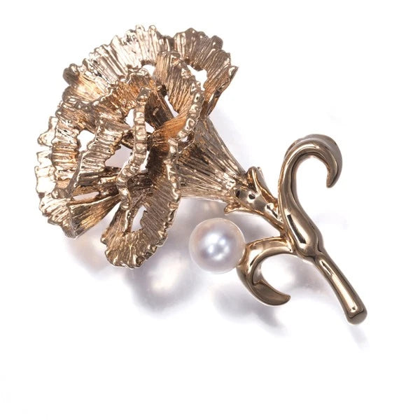 Rose gold carnation flower brooch with round Akoya pearl centerpiece