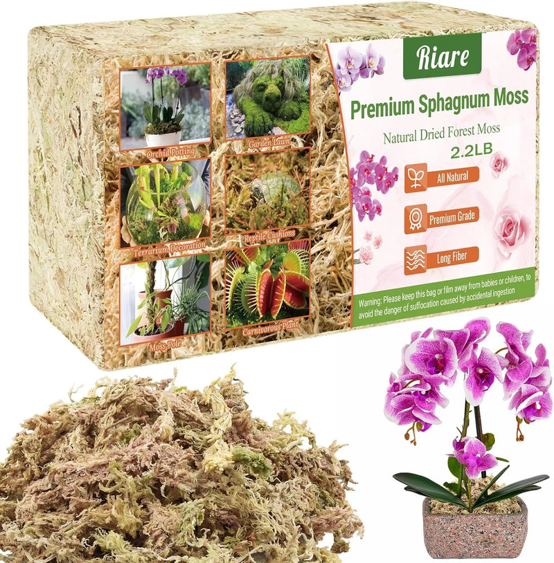 Natural long fiber sphagnum moss, loose pile and packaged block for orchids