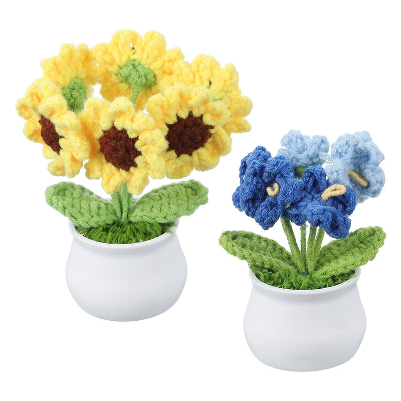 3 Pcs Crochet Flowers Potted Daisy Sunflower Flowers Knitted, Yellow/Blue Sunflower