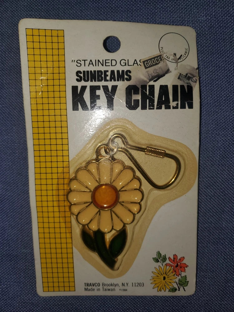 Vintage Stained Glass Sunbeams Keychain NOS Travco 1984 Taiwan Sunflower Sunflower