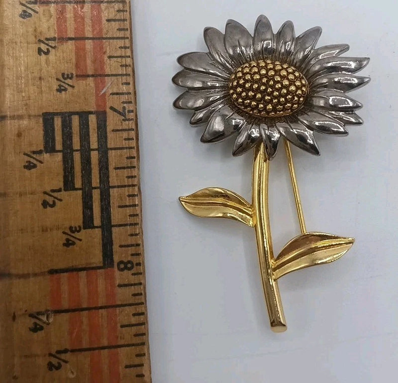 Vintage LC Signed Liz Claiborne Sunflower Brooch Pin Gold & Silver 2 Toned 2 1/8 Sunflower