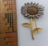 Vintage LC Signed Liz Claiborne Sunflower Brooch Pin Gold & Silver 2 Toned 2 1/8 Sunflower