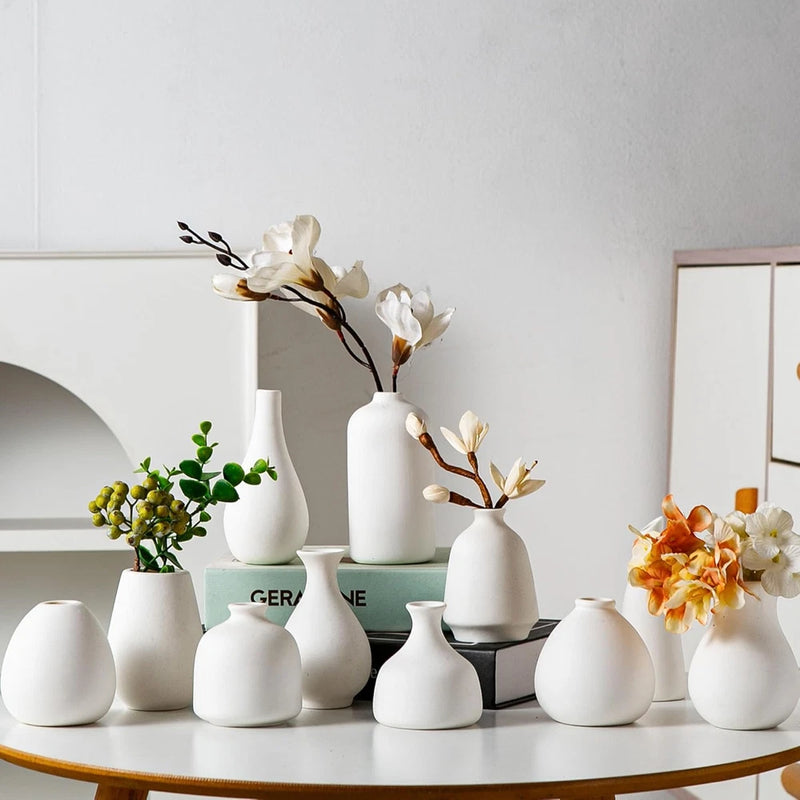 White Ceramic Bud Vase Set of 11, Small Vases for Pampas Grass, Flowers, Mini Va Pampas Grass
