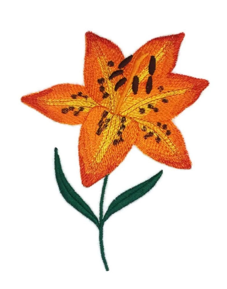 Embroidered tiger lily flower patch, orange bloom with green stem and leaves